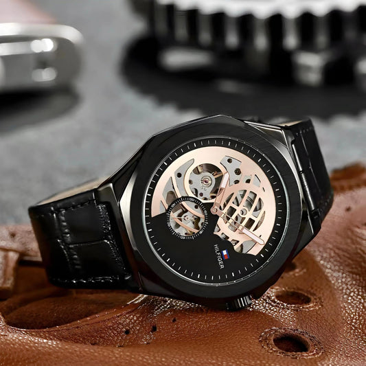 Tommy Hilfiger Automatic Skeleton Watch – Premium Black Leather
