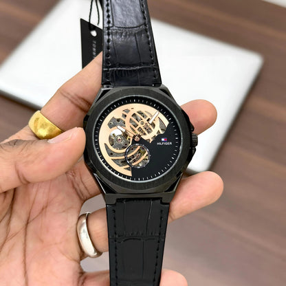 Tommy Hilfiger Automatic Skeleton Watch – Premium Black Leather