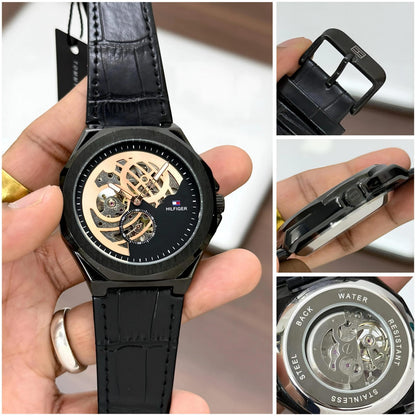Tommy Hilfiger Automatic Skeleton Watch – Premium Black Leather
